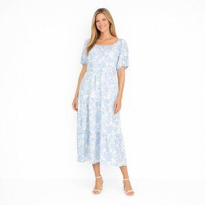 New Parker & Rowe Large Floral Tiered Midi Dress Puff Sleeves Light Blue White